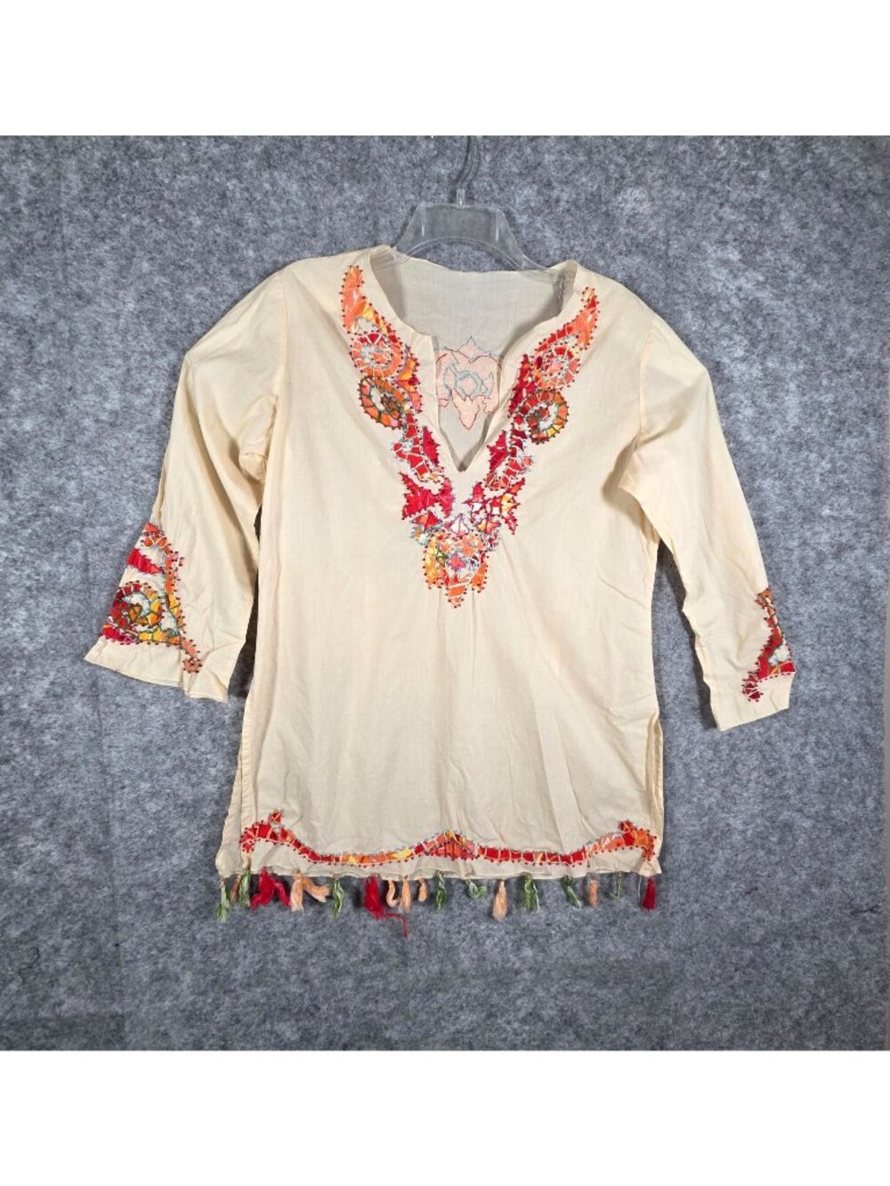 Becca By Rebecca V Women's Blouse Fringe Long Sleeve EmboardaryvCream Sz S/M